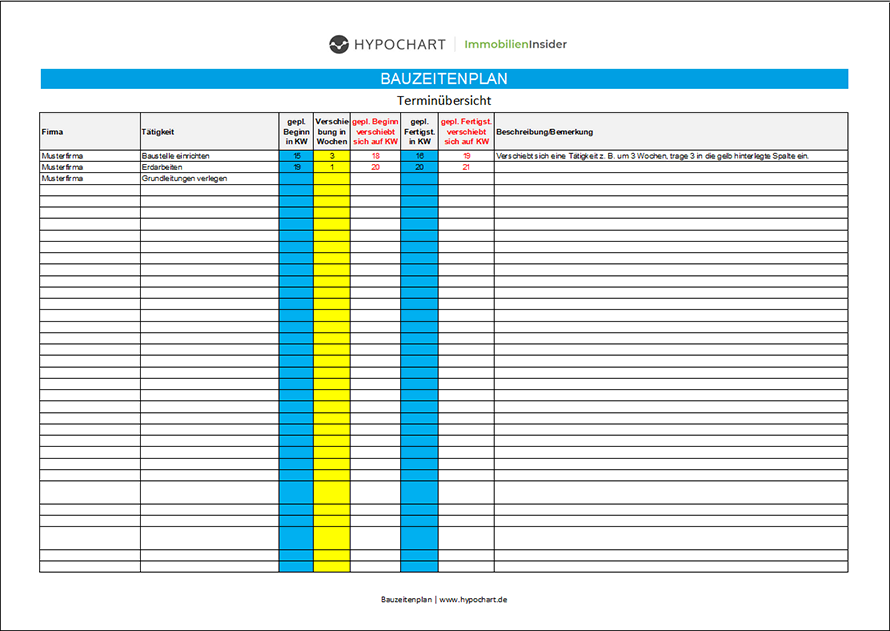 Vorschau: Bauzeitenplans als Excel Tabelle