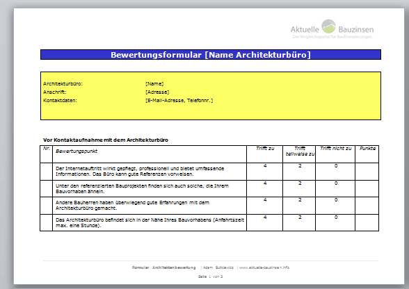 Formular Architektenbewertung