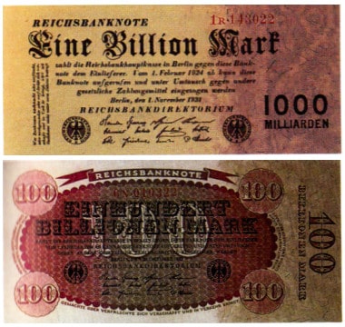 Billionenmarkscheine aus der Zeit der Hyperinflation 1923