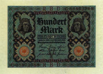 Reichsbanknote über 100 Mark dessen Vorderseite zwei gegeneinander liegende Köpfe des Bamberger Reiters zeigt