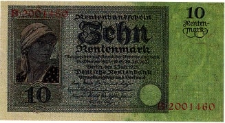 Von der Rentenbank herausgegebener Schein über 10 Rentenmark von 1925