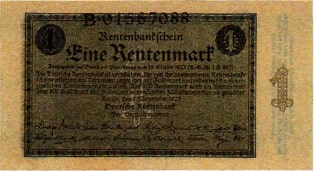 Von der Rentenbank im Zuge der Währungsreform 1923 ausgegebener Geldschein über 1 Rentenmark