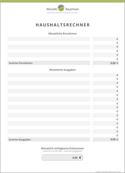 Vorschau: Formular zum berechnen des eigenen Haushalts - Einnahmen/Ausgaben